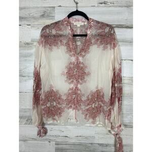 Forever That Girl Anthropologie womens S Floral Sheer Med Pink Peasant Blouse